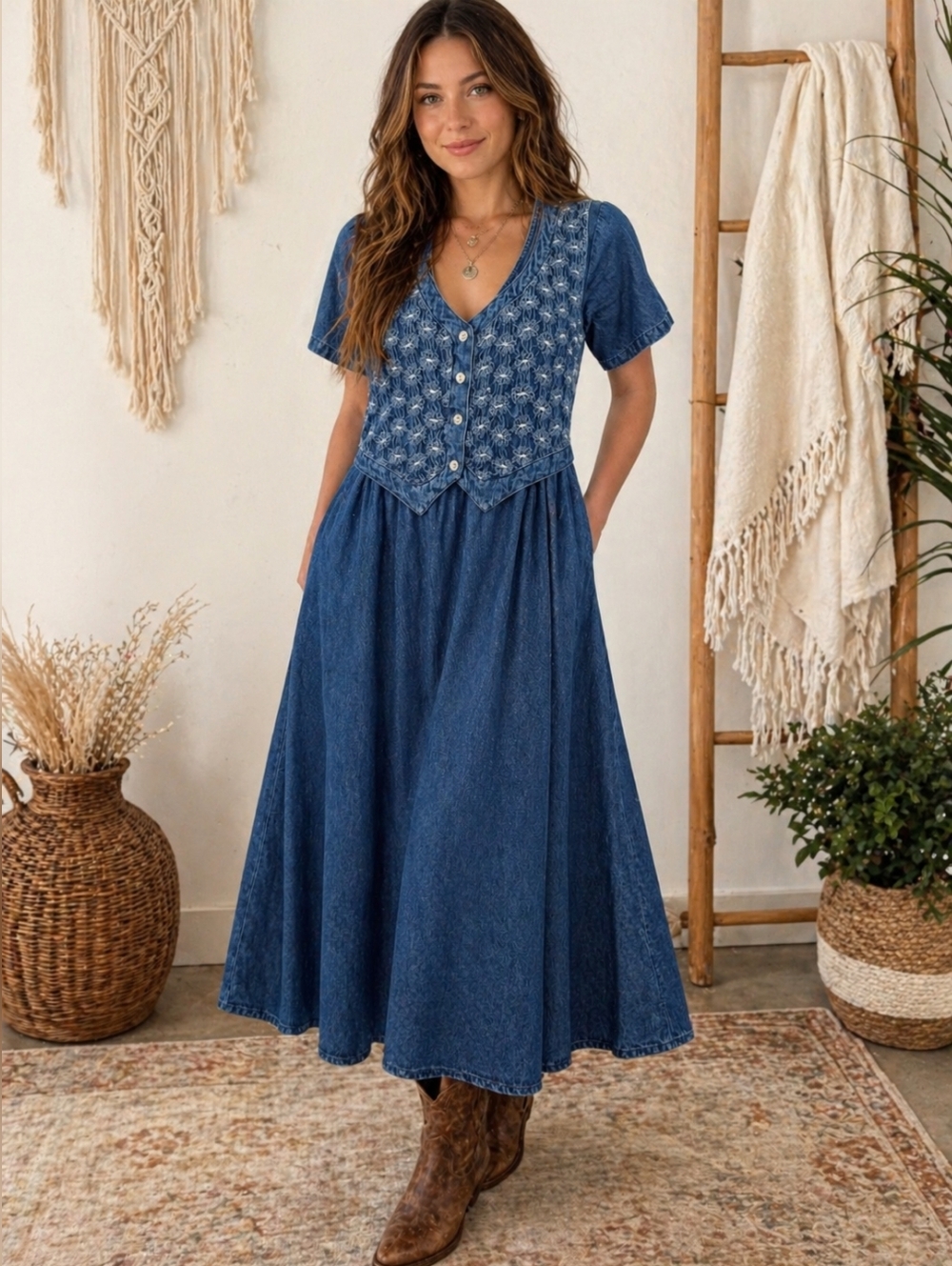 Denim Blue Maxi Dress with Embroidered Bodice